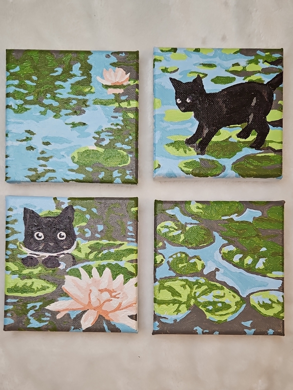Black Cat & Water Lilies (Set Of 4) Acrylic On Canvas
